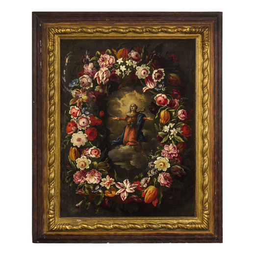 GIOVANNI STANCHI (attr. a) (Roma, 1608 - 1675 circa)<br>Ghirlanda di fiori con allinterno la Vergine