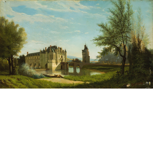 PITTORE FRANCESE DEL XIX SECOLO Veduta di castello<br>Olio su tela, cm 55X95