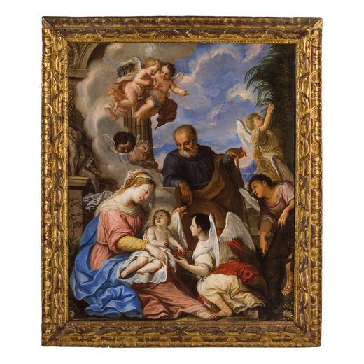 PITTORE VENETO DEL XVII-XVIII SECOLO Sacra Famiglia con Angeli<br>Olio su tela, cm 93X76<br>