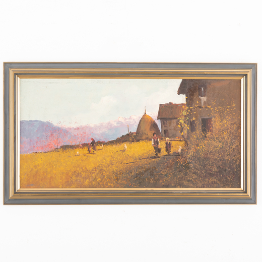 FERRUCCIO RONTINI Firenze, 1893 - Livorno, 1964<br>Paesaggio di campagna con contadini <br>Firmato F