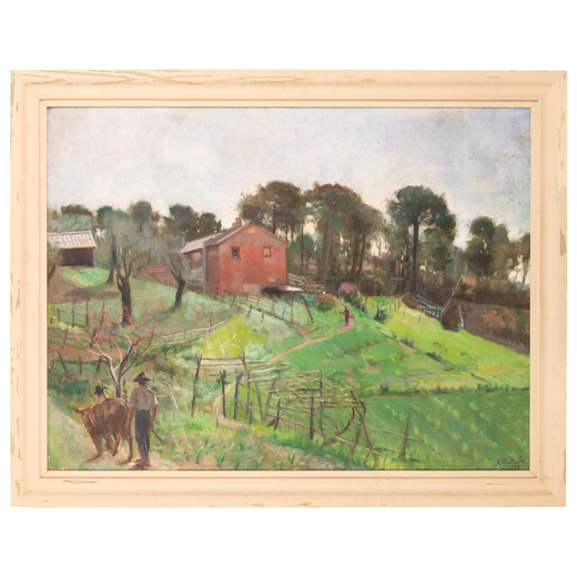 EVASIO MONTANELLA Prà, 1878 - 1940<br>Paesaggio di campagna con contadini <br>Firmato E Montanella 