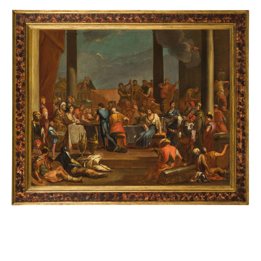 GIULIO CARPIONI (Venezia, 1613 - Vicenza, 1679)<br>Festino di Baldassarre<br>Olio su tela, cm 98X123