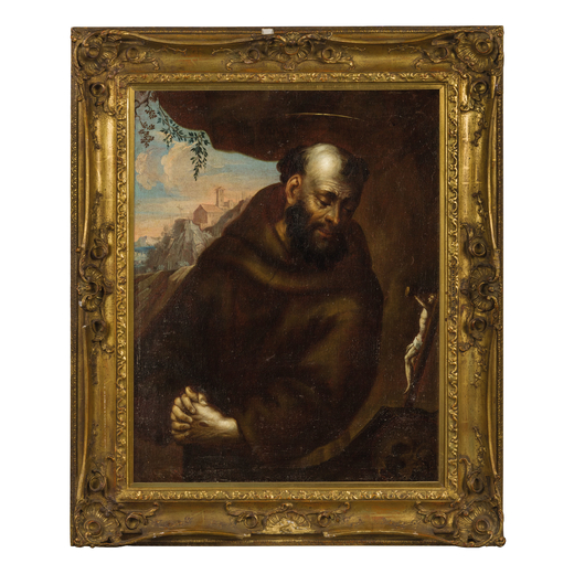 PITTORE DEL XVII-XVIII SECOLO San Francesco<br>Olio su tela, cm 82X65
