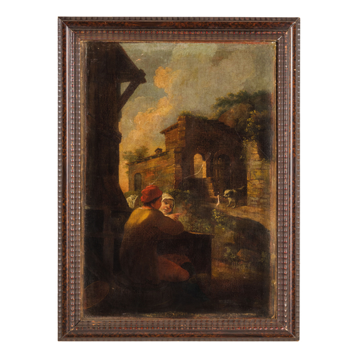 ANTONIO MERCURIO AMOROSI (Comunanza, 1660 - 1738)<br>Paesaggio con due bambini<br>Olio su tela, cm 8