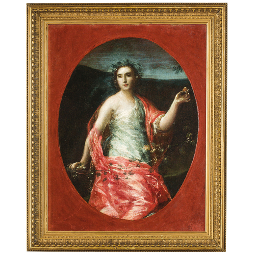 LUIGI CRESPI (Bologna, 1708 - 1779)<br>Ritratto di donna nelle vesti di Flora<br>Olio su tela, cm 42