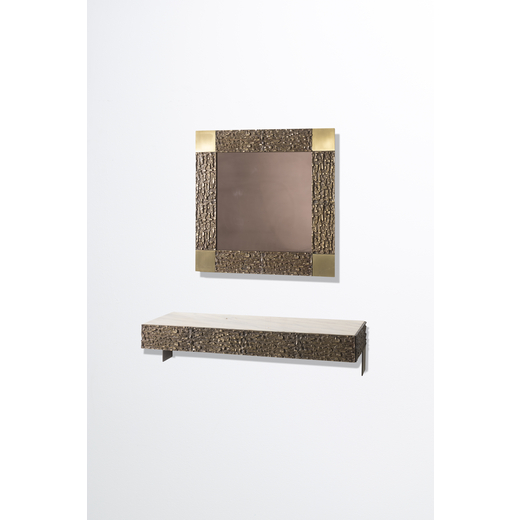 LUCIANO FRIGERIO Specchio della serie Juanita. Fusione di bronzo, ottone satinato, cristallo colorat