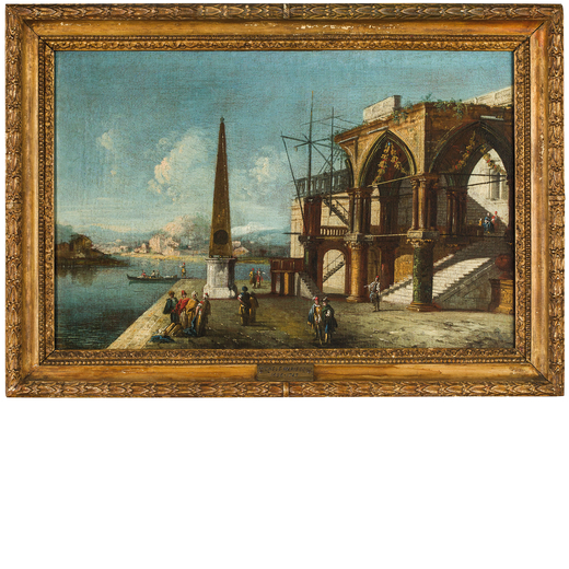 FRANCESCO ALBOTTO  (Venezia, 1721 circa - 1757)<br>Capriccio con obelisco<br>Olio su tela, cm 36X55