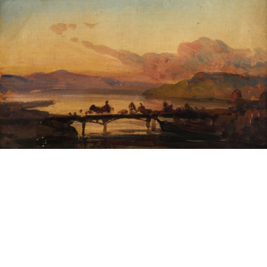 ACHILLE CARRILLO Avellino, 1818 - Napoli, 1880<br>Paesaggio marino al tramonto con figure <br>Firmat