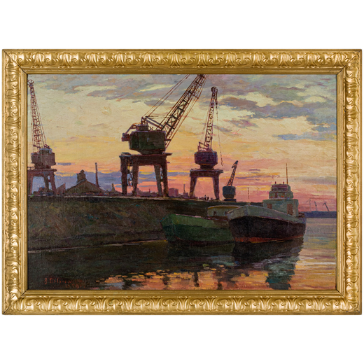 VICTOR MYKHAYLOVICH DOBRZHANSKY Kyiv, 1907 - 1964<br>Gru nel porto al tramonto<br>Firmato V Dobrzhan