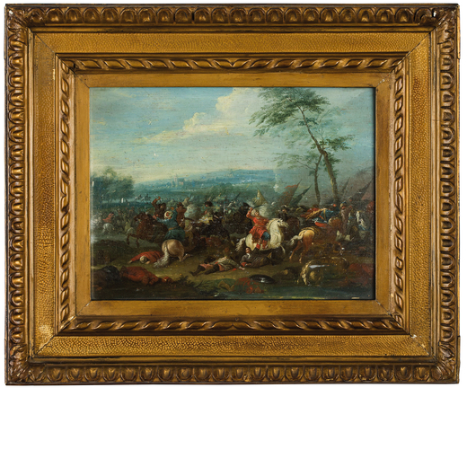 AUGUST QUERFORT (attr. a) (Wolfenbuttel, 1696 - Vienna, 1761)<br>Scena di battaglia<br>Olio su tavol