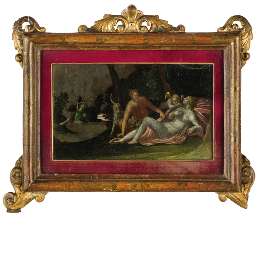 PITTORE DEL XVII SECOLO Venere e satiro<br>Olio su tavola, cm 14X22