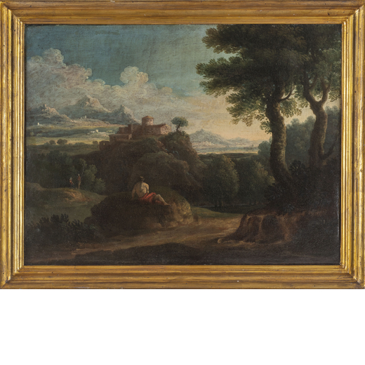 MARCANTONIO SARDI  (documentato a Roma dal 1711 al 1733)<br>Paesaggio <br>Olio su tela, cm 49X64,5
