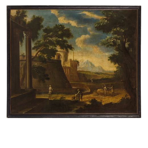 PITTORE DEL XVIII SECOLO Paesaggio <br>Olio su tela, cm 105X130