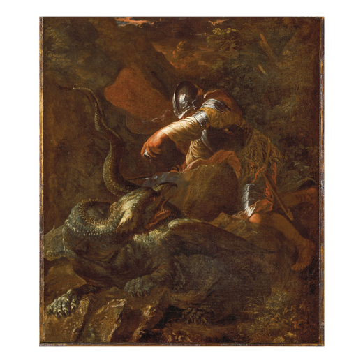 SALVATOR ROSA (attr. a) (Arenella Napoli, 1615 -  Roma, 1673) <br>Giasone e il drago <br>Olio su tel