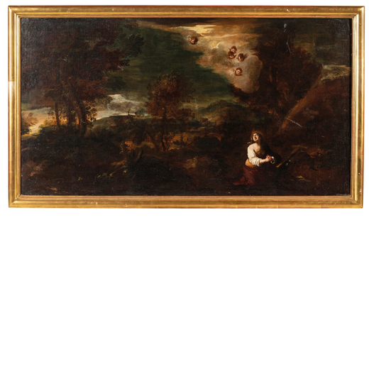 GIOVANNI BATTISTA PACE (Roma, 1650 - 1699) <br>Paesaggio con la Maddalena<br>Olio su tela, cm 73X135