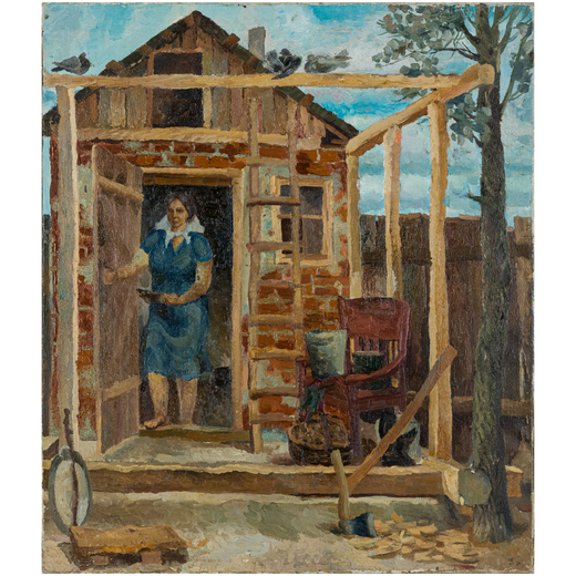 SERGHEY VADIMOVICH ODAINIK (ATTR. A) 1949<br>Casa in costruzione<br>Olio su tela, cm 80X71