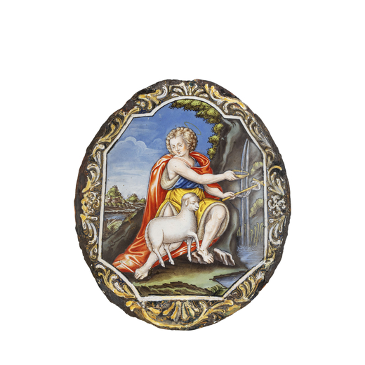 PLACCA IN RAME SMALTATO, MANIFATTURA DI LIMOGES, XVII-XVIII SECOLO ovale e raffigurante San Giovanni