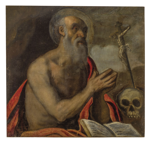 PITTORE LOMBARDO DEL XVI-XVII SECOLO San Girolamo<br>Olio su tela, cm 77X82
