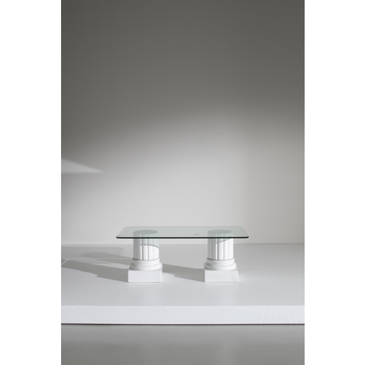 MANIFATTURA ITALIANA  Tavolino. Ceramica smaltata, cristallo molato. Italia anni 70 ca.<br>cm 47x120