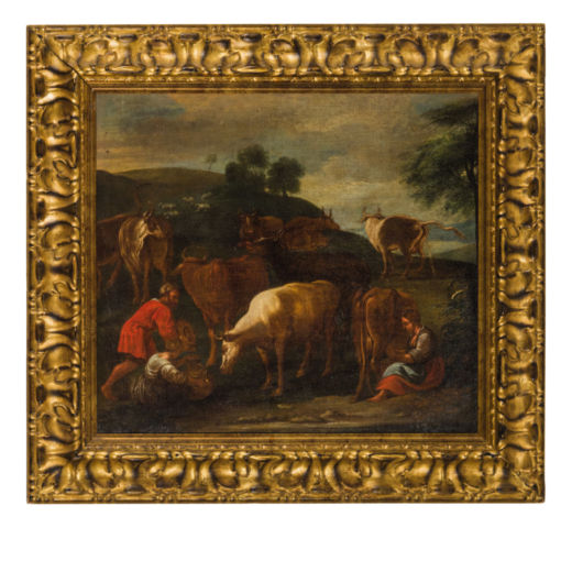 PITTORE DEL XVIII SECOLO Paesaggio con pastori e armenti<br>Olio su tela, cm 54X61