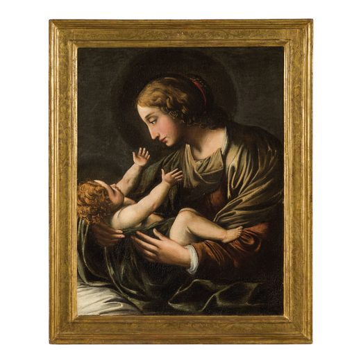PITTORE EMILIANO DEL XVII SECOLO Madonna con il Bambino<br>Olio su tela, cm 83X63