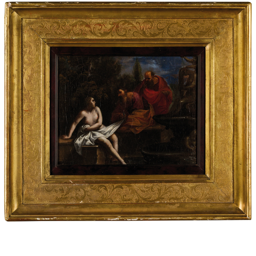 PITTORE DEL XVII SECOLO Susanna e i vecchioni<br>Olio su tela, cm 26.5X33