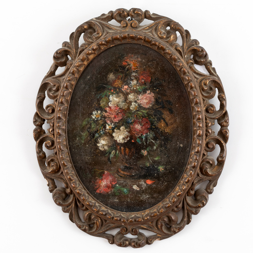 PITTORE DEL XVIII-XIX SECOLO Vaso fiorito<br>Olio su rame ovale, cm 23,5X18
