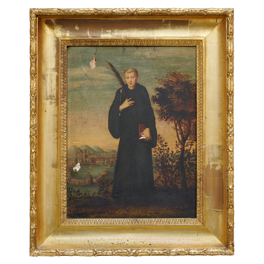 PITTORE DEL XVI-XVII SECOLO Santo martire con veduta di Napoli sullo sfondo<br>Olio su tavola, cm 44