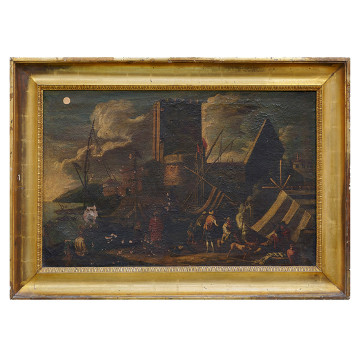 ADRIAEN VAN DER KABEL (Rijswijk, 1630 o 1631 - Lione, 1705)<br>Baia portuale mediterranea con figure
