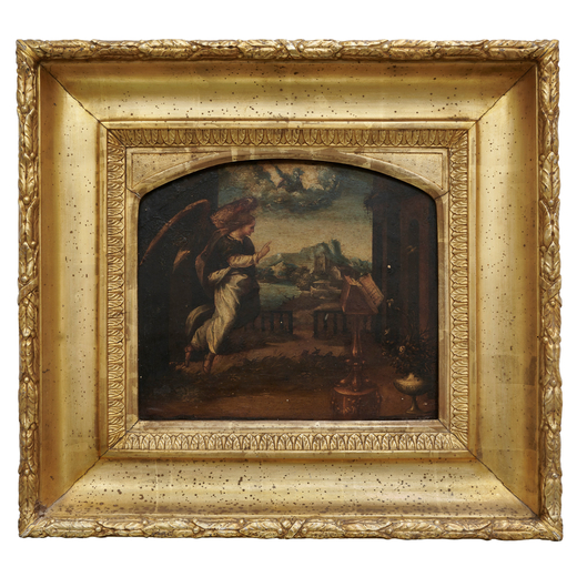 PITTORE DEL XVI-XVII SECOLO Annunciazione<br>Olio su tavola, cm 24X27,5