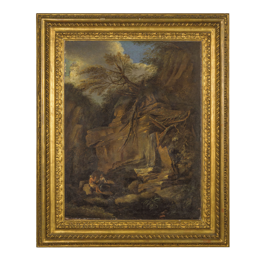 PITTORE DEL XVII SECOLO Paesaggio con eremiti<br>Olio su tela, cm 64,5X49,5