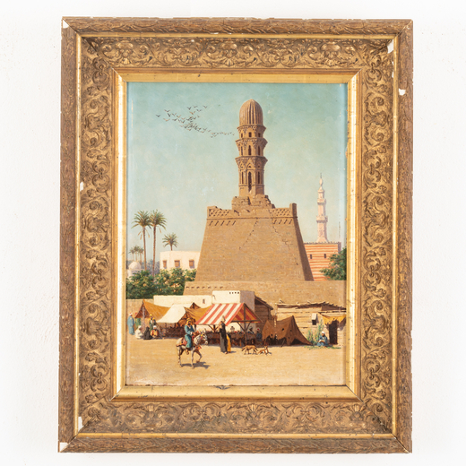 PITTORE DEL XIX SECOLO <br>Mausoleo del sultano Achim al Cairo<br>Olio su cartone, cm 44,5X32,5