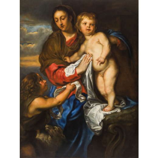 ANTON VAN DYCK (scuola di) (Anversa, 1599 - Londra, 1641)<br>Madonna con il Bambino e San Giovannino