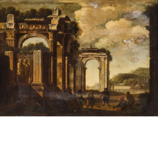 ASCANIO LUCIANI (attr. a) (Napoli, 1621 - 1706)<br>Paesaggio con capriccio architettonico e giocator