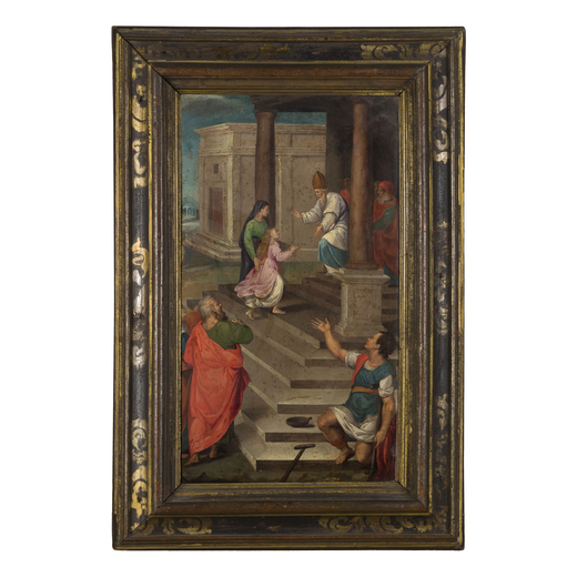 PITTORE DEL XVII-XVIII SECOLO  Presentazione di Maria Vergine al Tempio<br>Olio su rame, cm 51X29