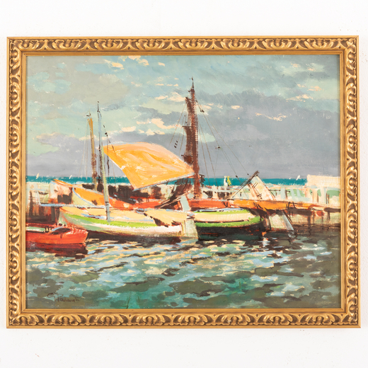 GIUSEPPE PALANTI Milano 1881 - 1946<br>Marina con barche <br>Firmato G Palanti in basso a sinistra <