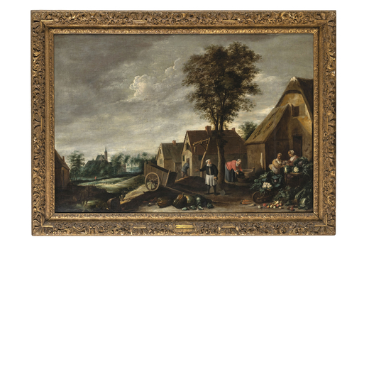 DAVID TENIERS IL GIOVANE (bottega di) (Anversa, 1610 - Bruxelles, 1690)<br>Veduta di villaggio con c