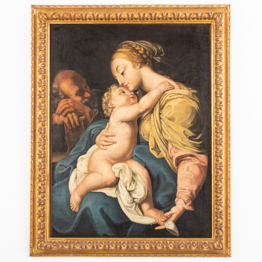 PITTORE DEL XIX-XX SECOLO Sacra Famiglia<br>Olio su tela, cm 99X75