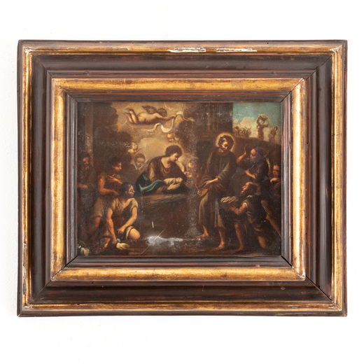 PITTORE NAPOLETANO DEL XVII-XVIII SECOLO Adorazione dei pastori <br>Olio su tela, cm 22X29