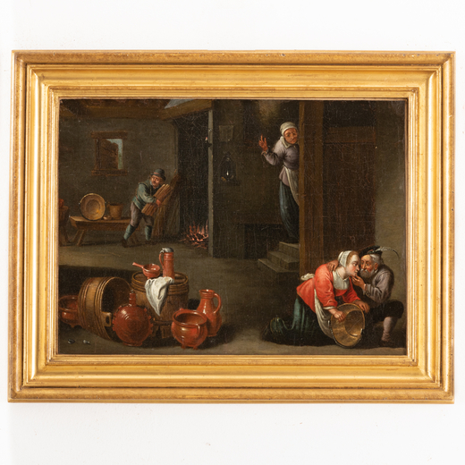 DAVID TENIERS IL GIOVANE (cerchia di) (Anversa, 1610 - Bruxelles, 1690)<br>Scena dinterno<br>Olio su