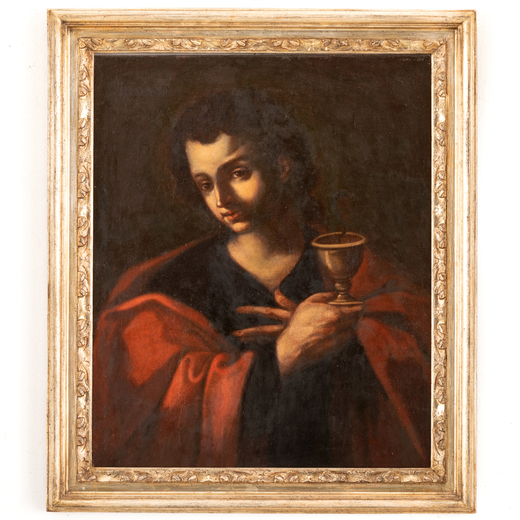 PITTORE TOSCANO DEL XVII SECOLO  San Giovanni Evangelista <br>Olio su tela, cm 75,5X62