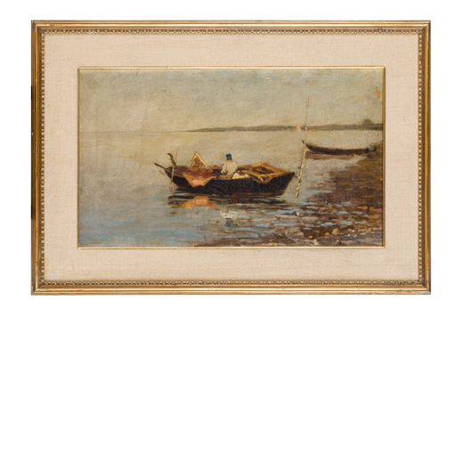 PITTORE DEL XIX SECOLO <br>Barca con pescatore<br>Olio su tela, cm 35X59