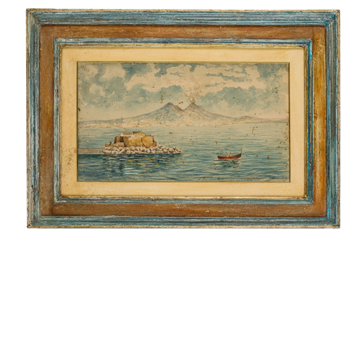PITTORE DEL XIX-XX SECOLO <br>Veduta di Napoli con il Vesuvio <br>Firma e dedica in basso a destra <