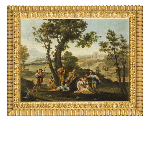 TOMMASO PORTA (attr. a) (Brescia, 1686 o 1689 - Verona, 1768)<br>Paesaggio con scena di genere e mus