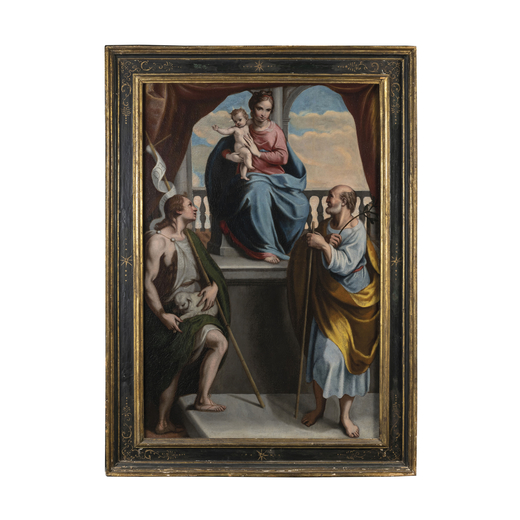 CLAUDIO RIDOLFI (attr. a) (Verona, 1570 circa - Corinaldo, 1644)<br>Madonna con il Bambino, San Giov