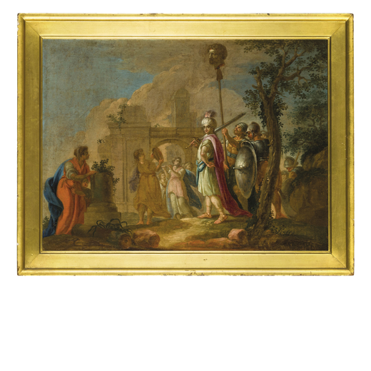 PITTORE VENETO DEL XVIII SECOLO Il trionfo di David<br>Olio su tela, cm 45X59