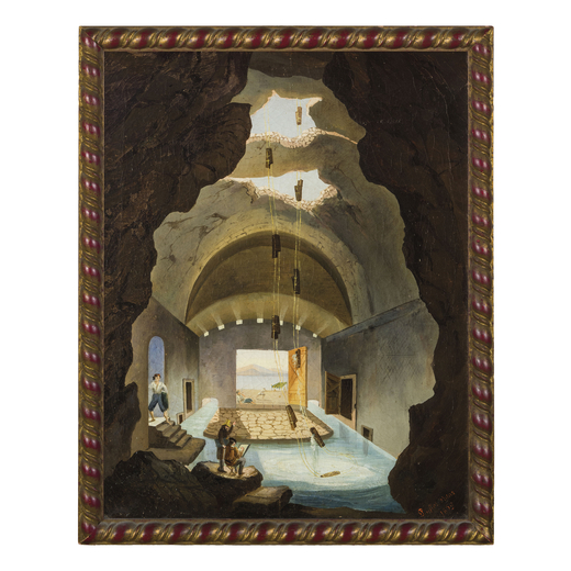 PITTORE NAPOLETANO DEL XIX SECOLO Cisterna con veduta del Golfo di Napoli<br>Olio su tela, cm 46X37
