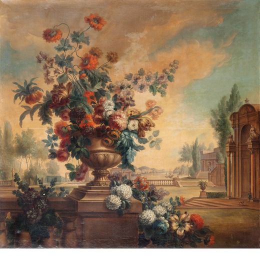 PITTORE DEL XVIII-XIX SECOLO Vaso di fiori in un paesaggio<br>Olio su tela, cm 160X168<br>