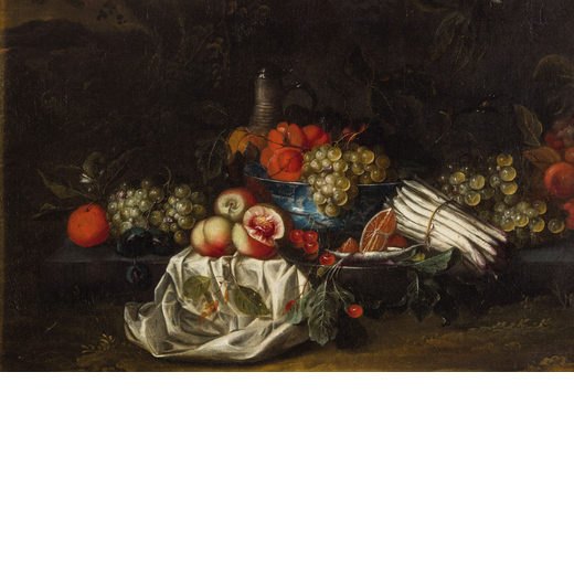 PITTORE DEL XVII-XVIII SECOLO Natura morta con pesche, uva, asparagi e altri frutti <br>Olio su tela