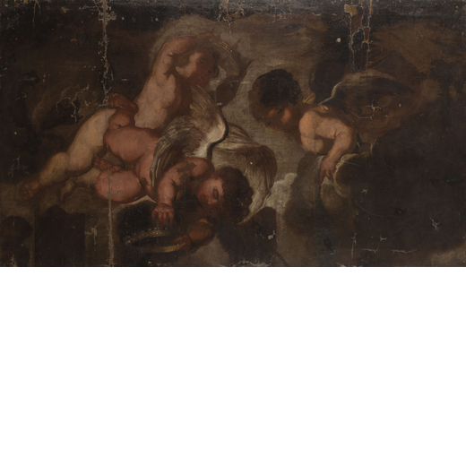 NICOLA MALINCONICO (attr. a) (Napoli, 1663 - 1726)<br>Angeli in volo<br>Olio su tela cm 100,5X173